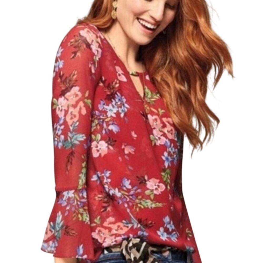Cabi Devoted Red Floral Bell Sleeve Blouse S Sheer Lined Boho Festival Bloom Top